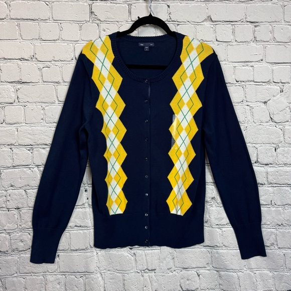 GAP Sweaters - Gap NWOT Navy Button Down Caridigan Yellow Green Argyle Diamond Y2K Preppy Sz XL